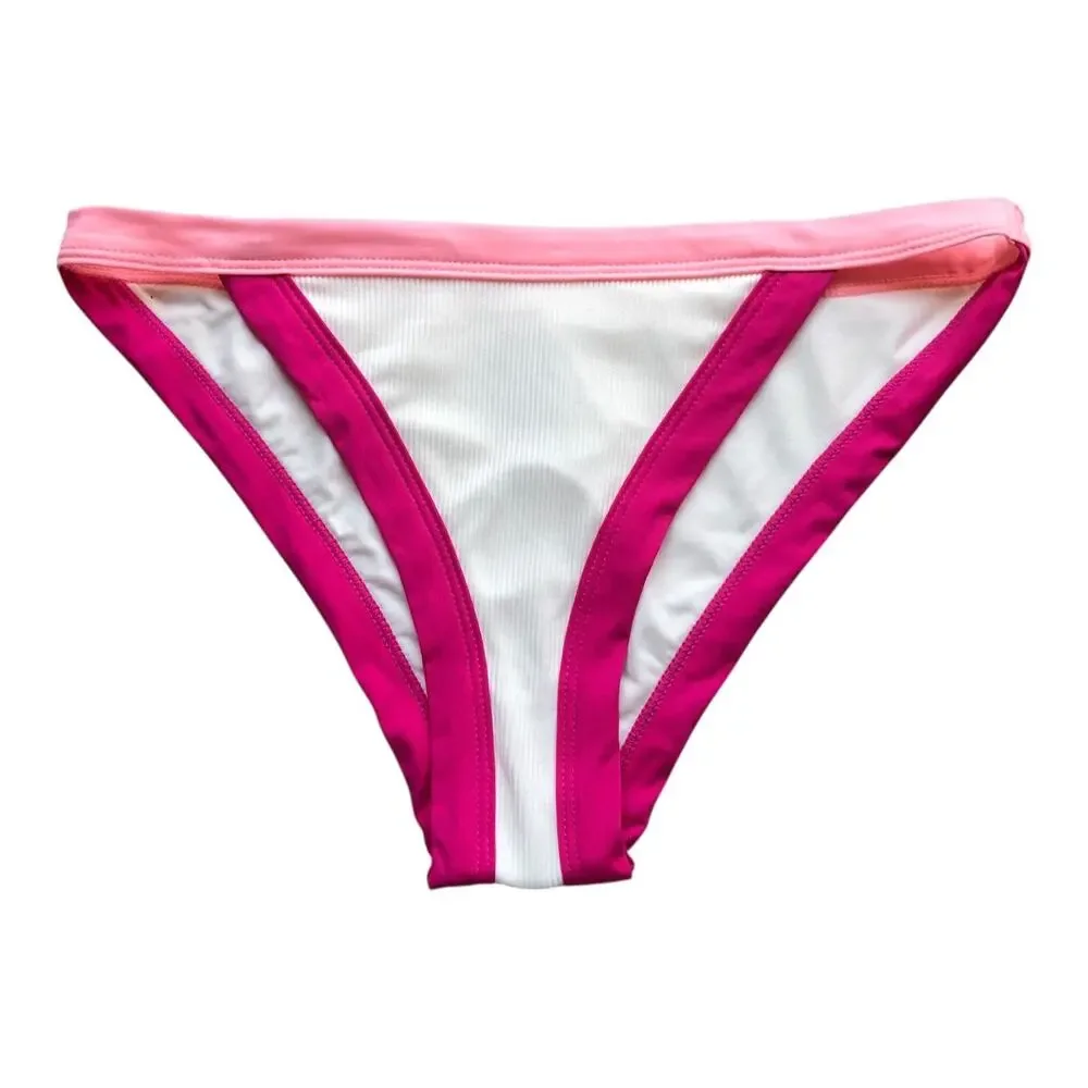 L Space Vacay White Pink Ribbed Bikini Bottom Stretch Women's Size Small NWOT